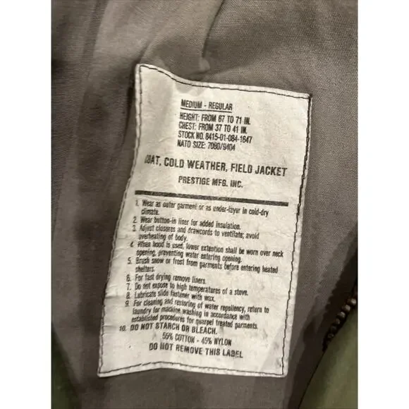 Vtg US Military Field Coat Jacket Mediun Regular Cold Weather Prestige Mfg.